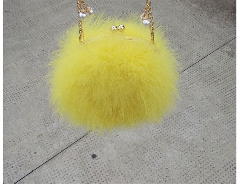 New Designer Fluffy Genuine Feather Clutch Fur Bag Round Chain Purse Multi-color