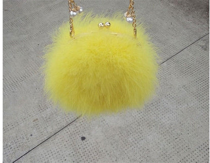 New Designer Fluffy Genuine Feather Clutch Fur Bag Round Chain Purse Multi-color