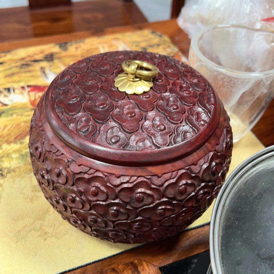 Red Sandalwood Tea Caddy 5.51×4.33in Fish Scale Carved Moistureproof Wood Jar