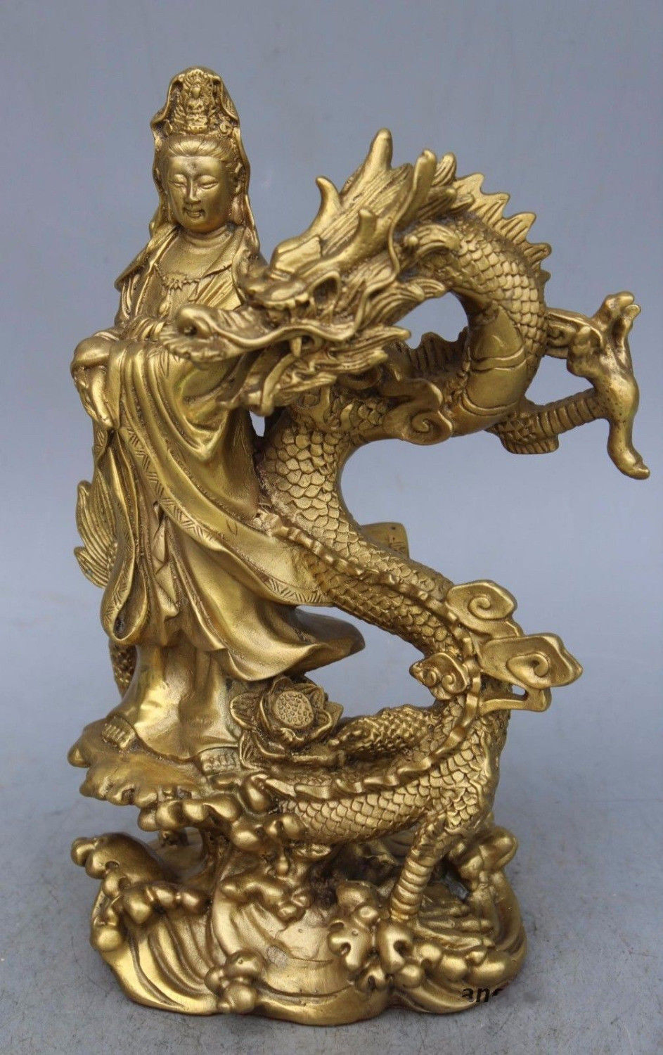 Chinese Brass Dragon kwan-yin GuanYin Goddess buddha statue