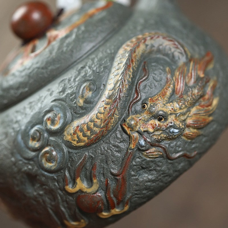Archaistic Gong Chun Tea pot With Dragon Pearl Design Original Green Zisha Clay