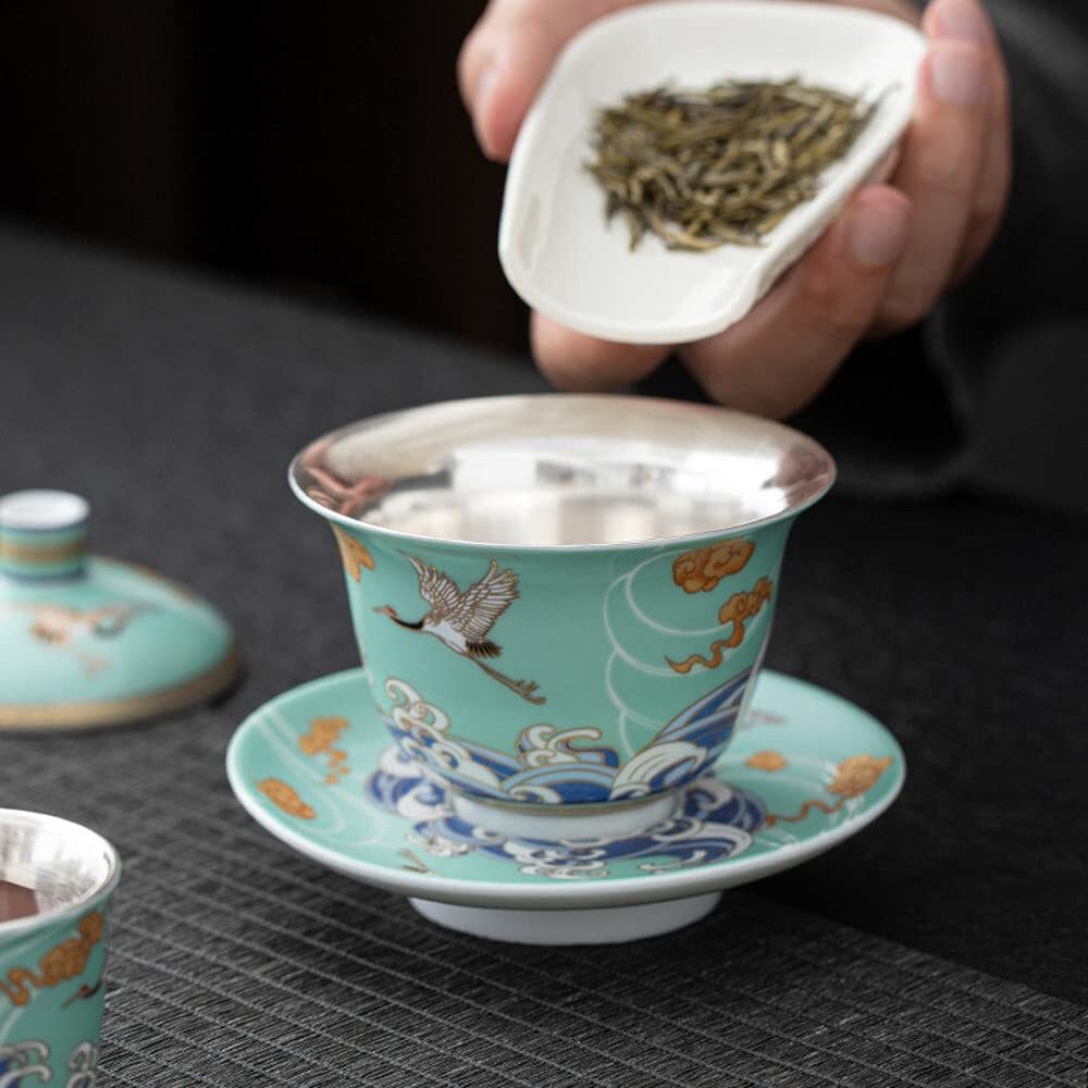 180ml Silver Ceramic Gaiwan Tea Bowl Cup Kung Fu Tea Set Handmade Tureen Tea