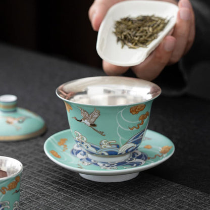 180ml Silver Ceramic Gaiwan Tea Bowl Cup Kung Fu Tea Set Handmade Tureen Tea