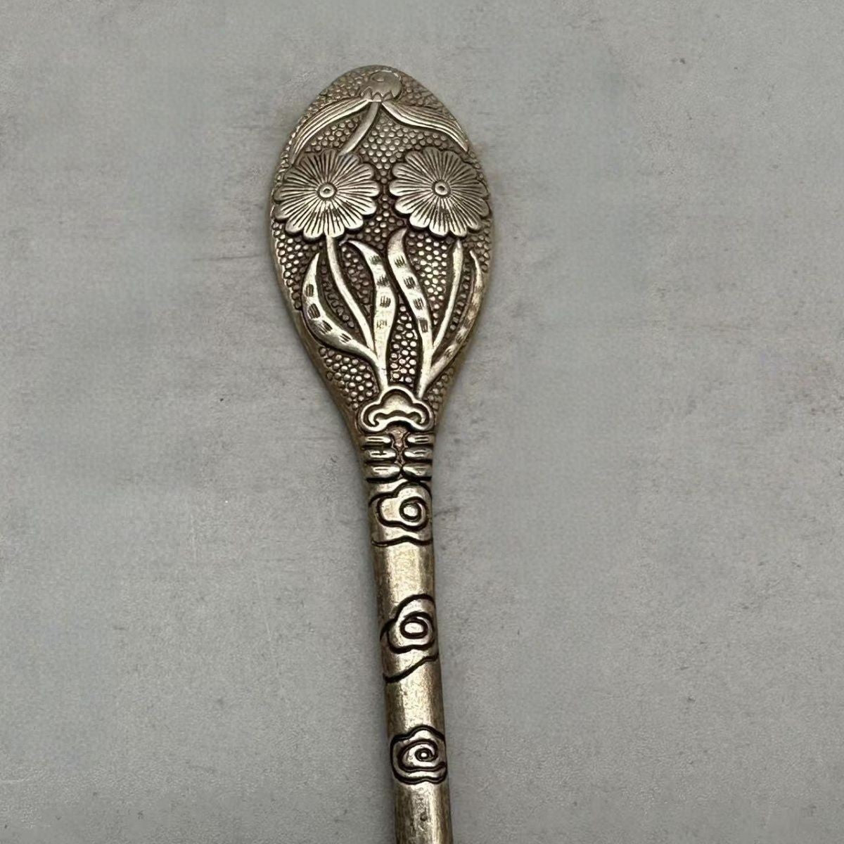 Vintage Silver Plated Copper Hairpin Floral Engraved Chinese Style