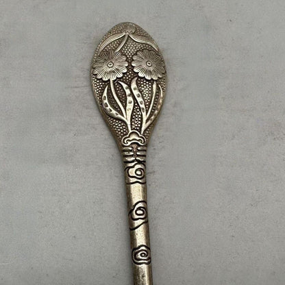 Vintage Silver Plated Copper Hairpin Floral Engraved Chinese Style