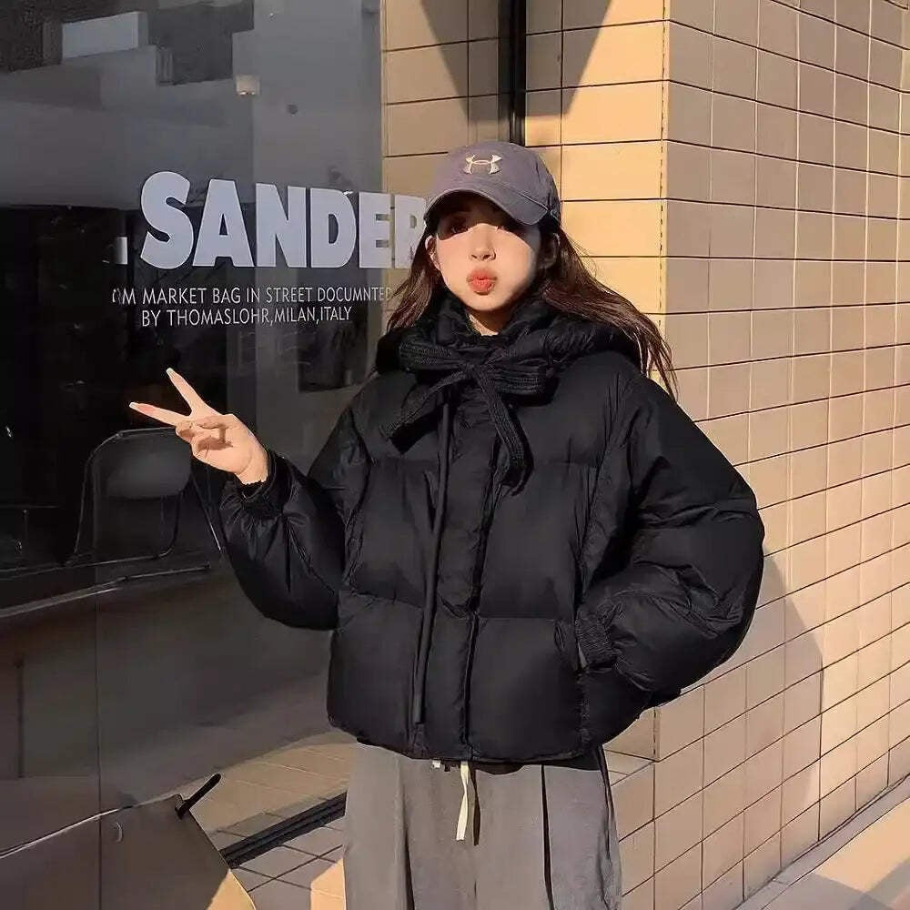 Women Cropped Winter Puffer Jacket – Warm Bow Design Coat
