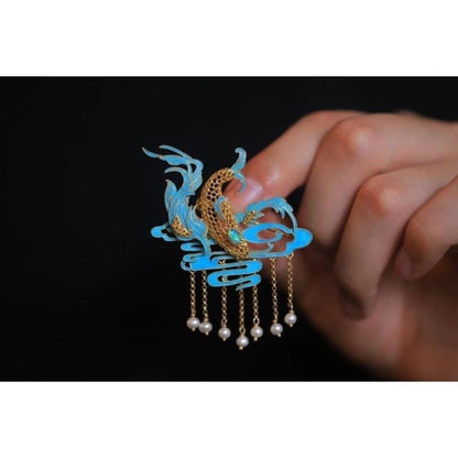Cloisonné Kunpeng Brooch Filigree Pearl Inlay Kingfisher Feather Art