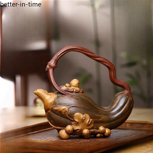 YiXing Zisha Teapot Handmade Pumpkin Beam Pot Tea Set Imitation Old Pot