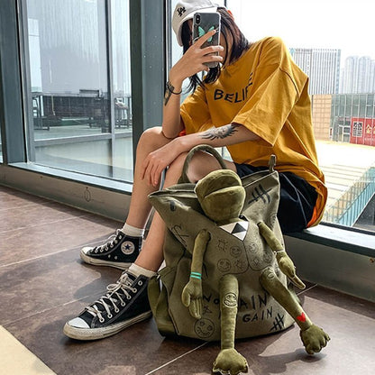 Large 3D Frog Backpack School Bag Canvas Handbag Traveling Bags 37*10*40 CM 1PC