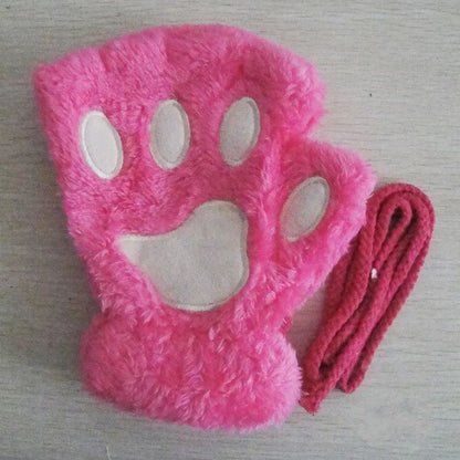 Women Fingerless Gloves Plush Fluffy Cat Paw Claw Panda Mittens Warm Winter Wear