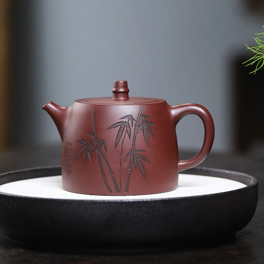 5.1"China Yixing Zisha Pottery Purple Clay 250CC Carving Bamboo Gongfu Teapot汉铎壶