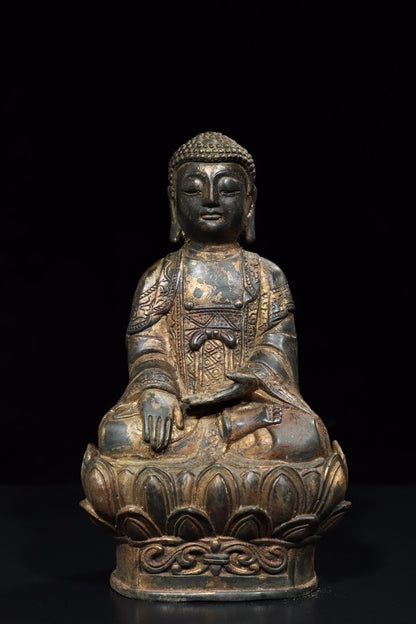 10" Old Antique Tibet Tibetan Buddhism Temple Bronze Gilt Amitabha Buddha Statue