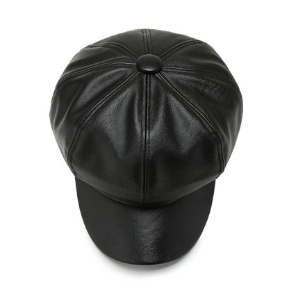 Womens Octagonal Cap PU Leather Cap Duck Tongue Cap Beret Fashion Winter Hat