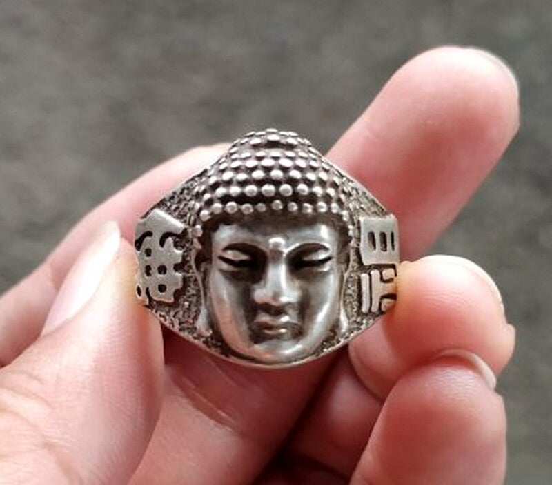 Tibetan Silver Sakyamuni Buddha Head Ring Buddhist Finger Jewelry Collection