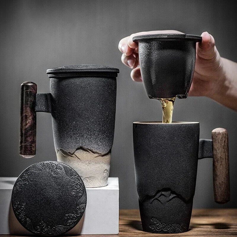 Tea Cup Ceramic Mug Office Black Water Cup with Cover Mugs Handle Cups Gift