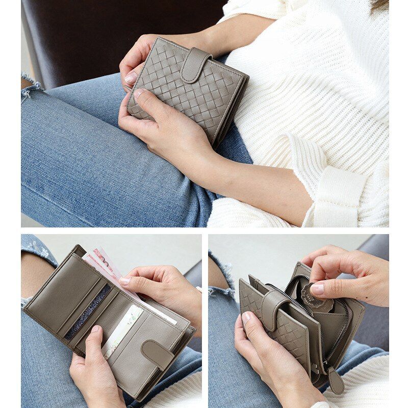 Sheep Leather Wallet Leather Woven Coin Purse Zipper Storage Bag 11*2*9.5 CM 1PC