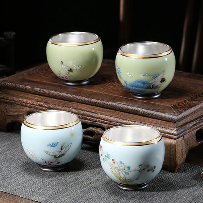 999 Silver gilt tea bowl Ru Kiln Antique Tea Cup Chinese kungfu master tea cup