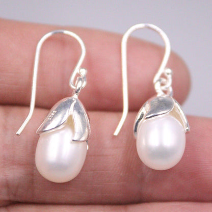 925 Sterling Silver Flower Dangle Earrings with Natural Freshwater Pearl