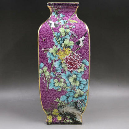 10Inch Chinese Purple Enamel Porcelain Qing Qianlong Bird Flowers Design Vase