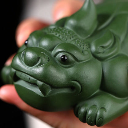 True Yixing Zisha Tea Pet Green Clay Handmade Mascot Mythical Wild Animal Statue