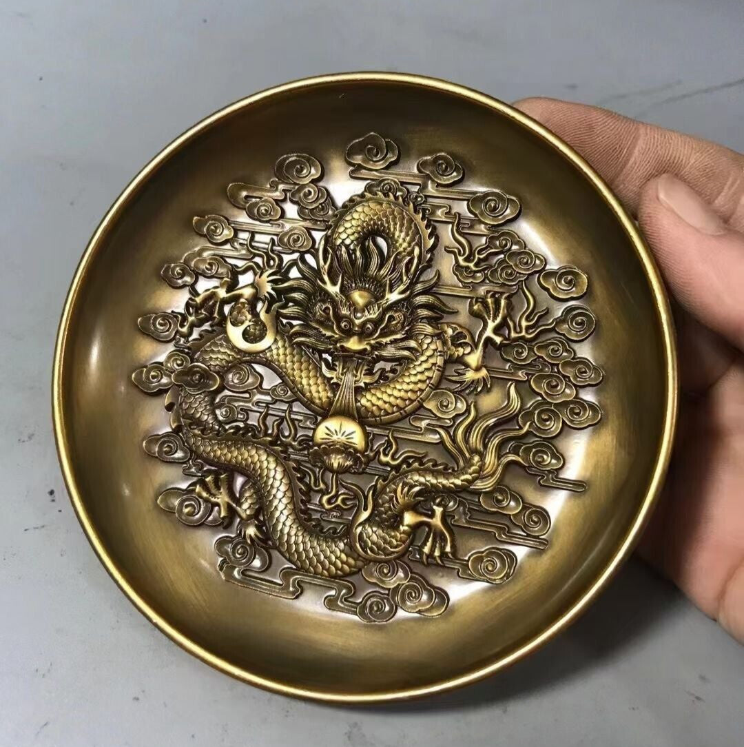 Fortune Chinese bronze dragon statue collectable tea pet plate home decor Art