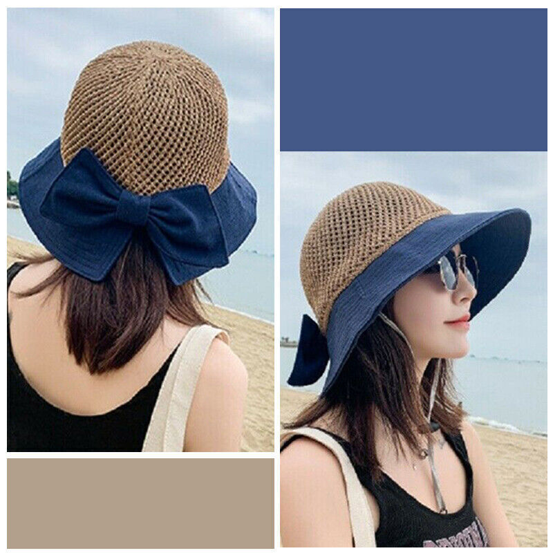 Women Ladies Summer Sun Beach Straw Hat Floppy Wide Brim Foldable Cap Bucket Hat
