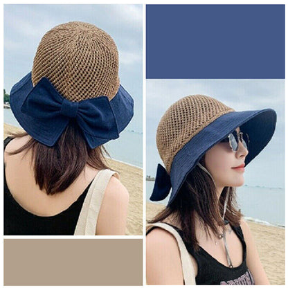 Women Ladies Summer Sun Beach Straw Hat Floppy Wide Brim Foldable Cap Bucket Hat