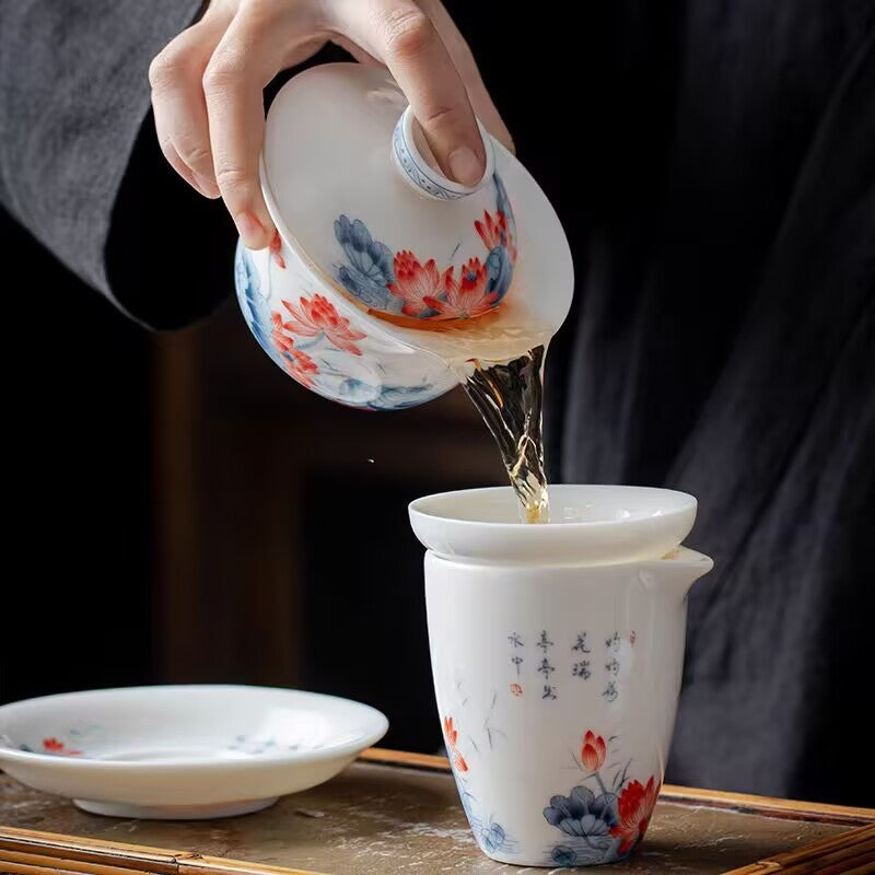 Jingdezhen Ceramic Gaiwan Mutton Jade Porcelain Tureen Matching Tea Cup Pitcher