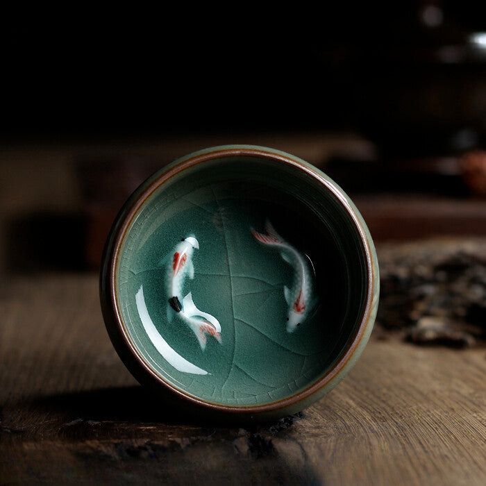 longquan porcelain tea cup crackle glaze brother kiln serving cup double fish