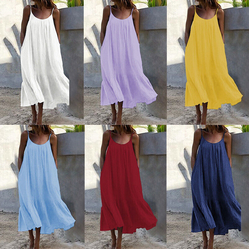 Womens Summer Sleeveless Loose Dress Beach Slip Sundress Swing Baggy Solid Color