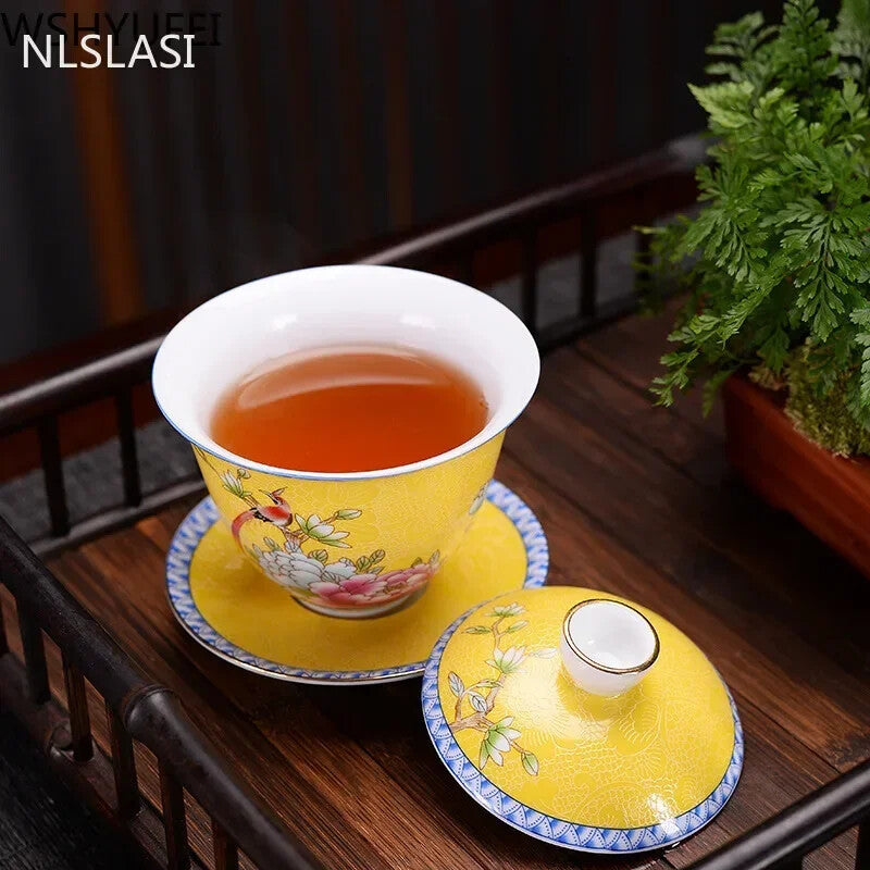 1PC Jingdezhen Gaiwan Enamel Color Tea Bowl Hand painted flower bird Teaset