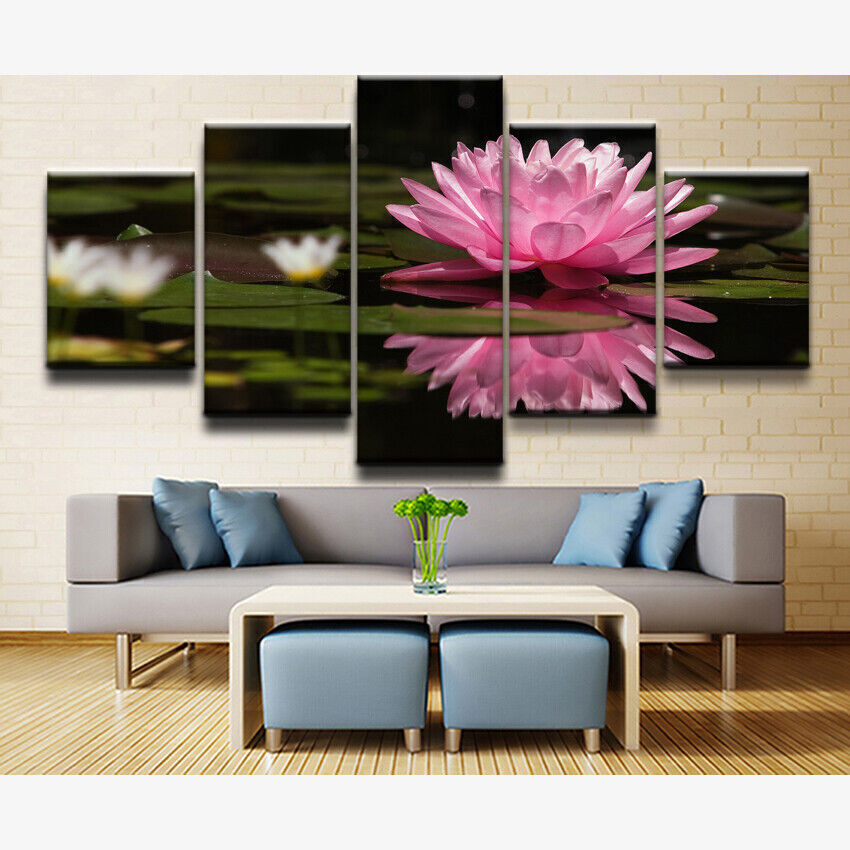 HD Printed Home Decor Wall Art 5 Piece Flower Lily Pink Reflection Water Lily