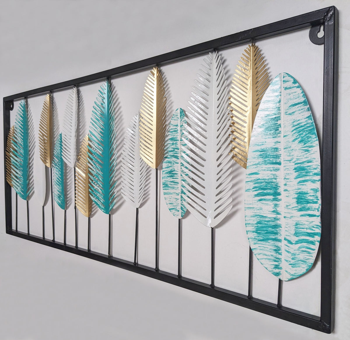 3-Foot Turquoise, Gold, & White Leaves Hanging Metal 3D Wall Decoration, 36"×15"