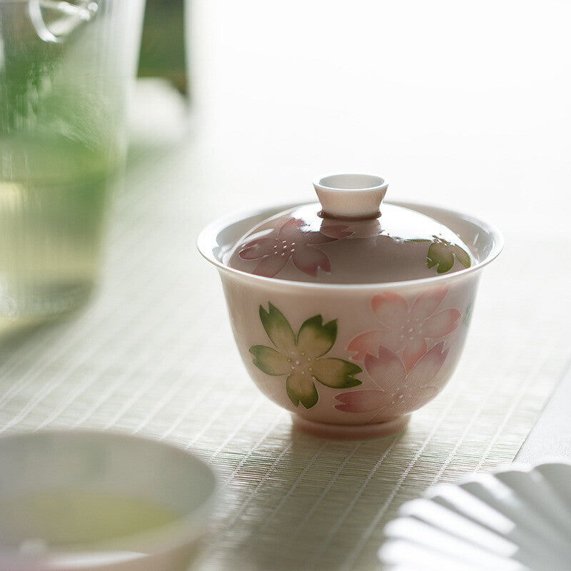 Boutique Handpainted Gaiwan Under Glaze Porcelain Tureen Covered Bowl Floral Lid