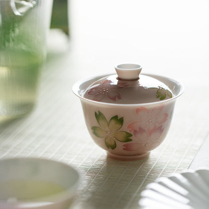 Boutique Handpainted Gaiwan Under Glaze Porcelain Tureen Covered Bowl Floral Lid
