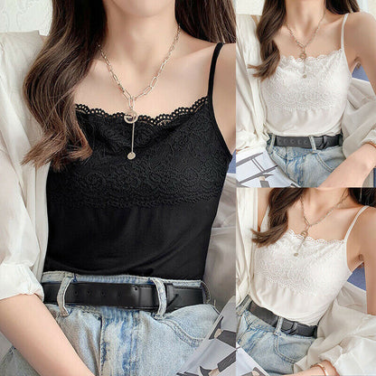 Ladies Plain Cotton Vest Top Lace Trim Neck Design Cami Strappy Camisole