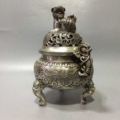 Superb Old Chinese tibet silver handcarved lion foo dog lid incense burner