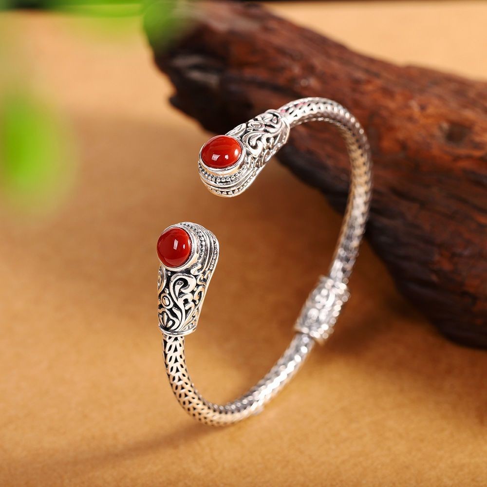 Vintage Carved Bangle Red Agate Inlay Handmade Aged Silver Jewelry