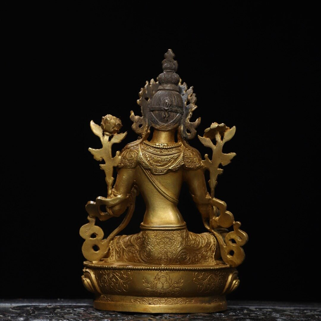 Old Dynasty China Buddhism Tibet Temple Bronze 24K Gilt Kwan-Yin Buddha Statue
