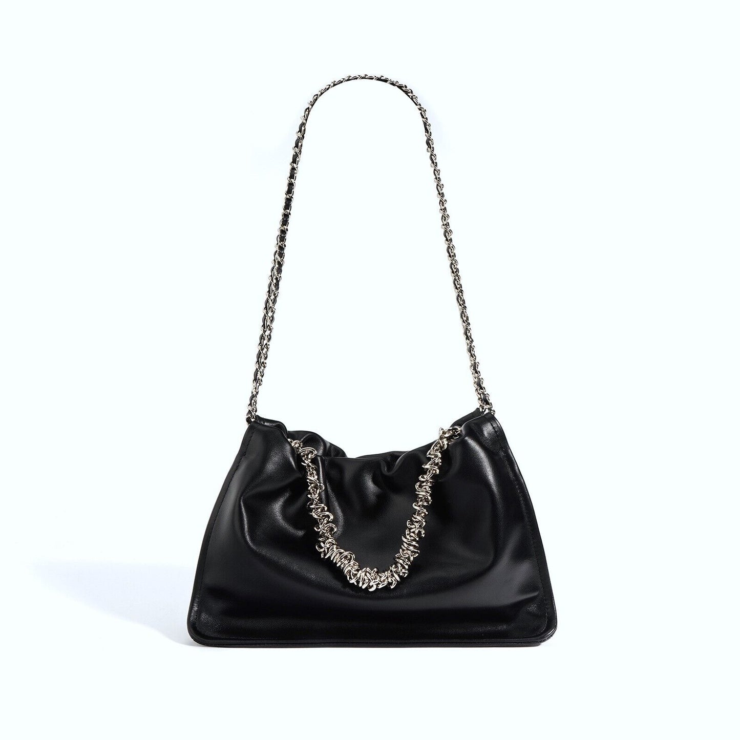 Ruched Real Leather Clutch Purse Pouch Tote Shoulder Bag Crossbody w/ Chains