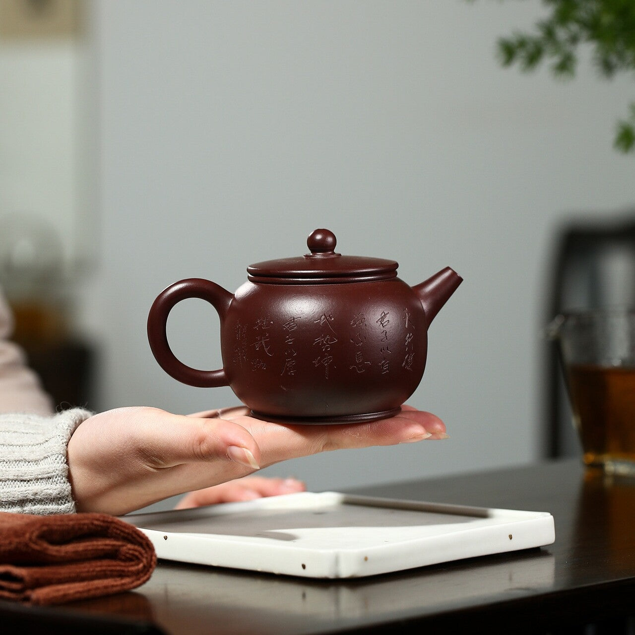 Handmade Tea Pot Marked Bamboo Carved Chinese Yixing Zisha Pot Purple Clay China