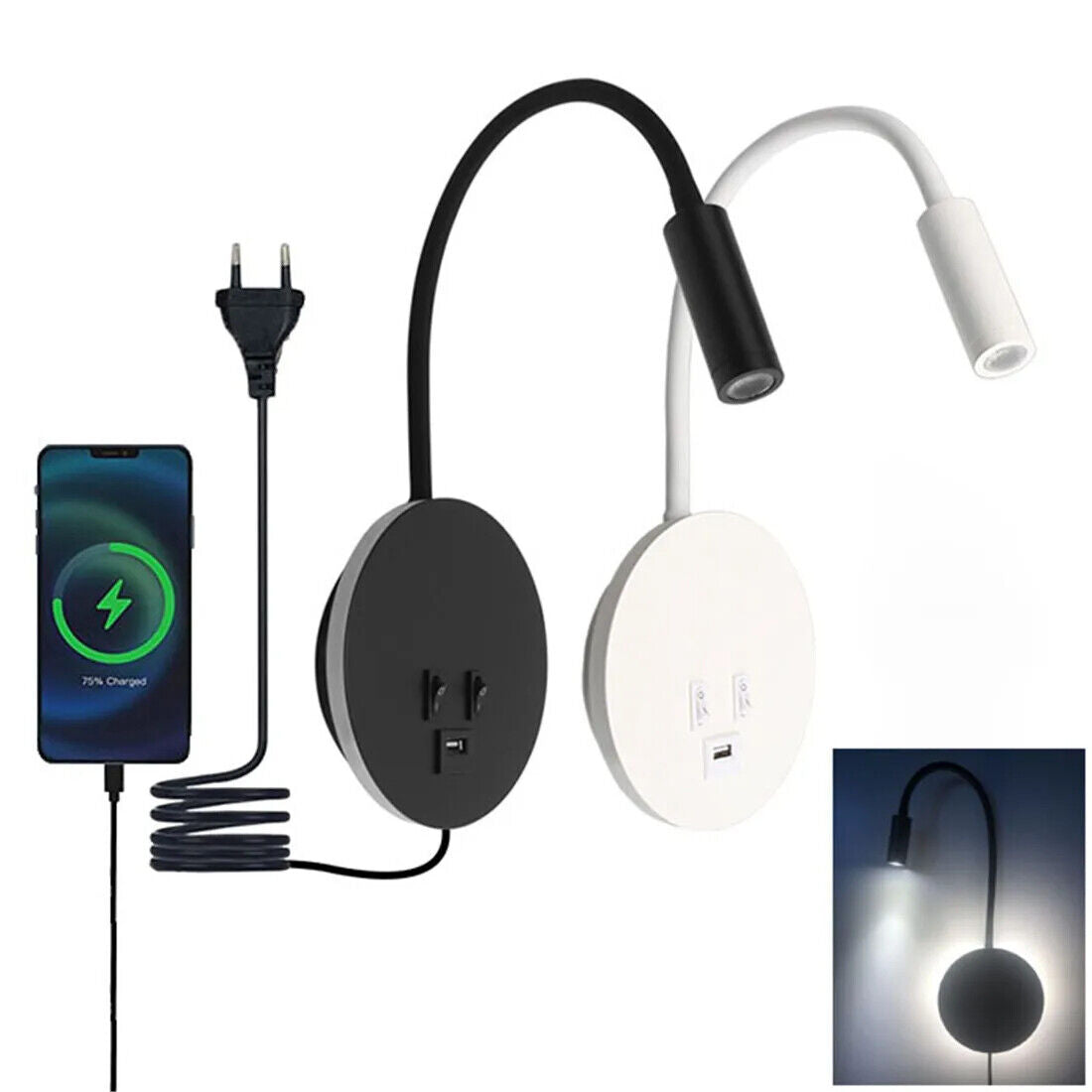 Wall Sconces Plug In Cord Gooseneck W/ USB Port Switch Backlight Night Wall Lamp