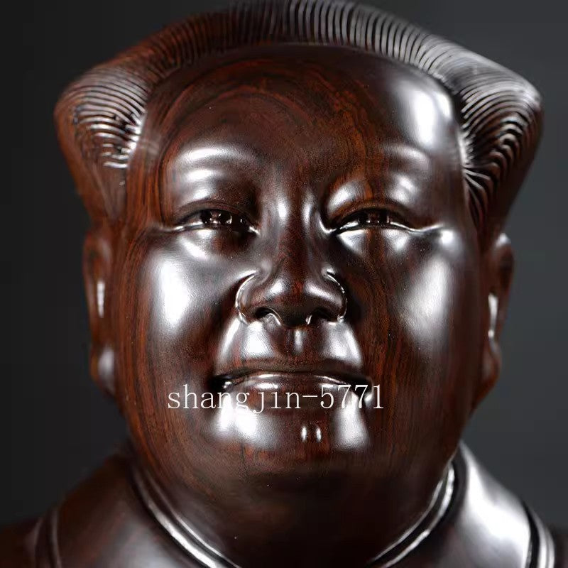 10" Solid Ebony Wood Carved Mao Zedong Bust Statue Chairman Mao Figurine