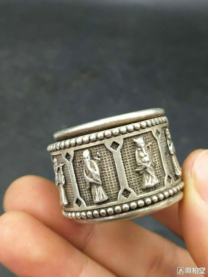 Chinese Old Tibetan Silver hand-carved Eight Immortals Ring