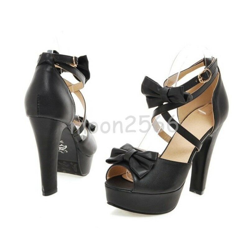 Women Bowknot Block Heels Sweet Peep Toe Cross Strappy Platform Sandals Shoes @