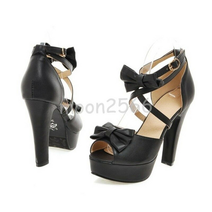 Women Bowknot Block Heels Sweet Peep Toe Cross Strappy Platform Sandals Shoes @