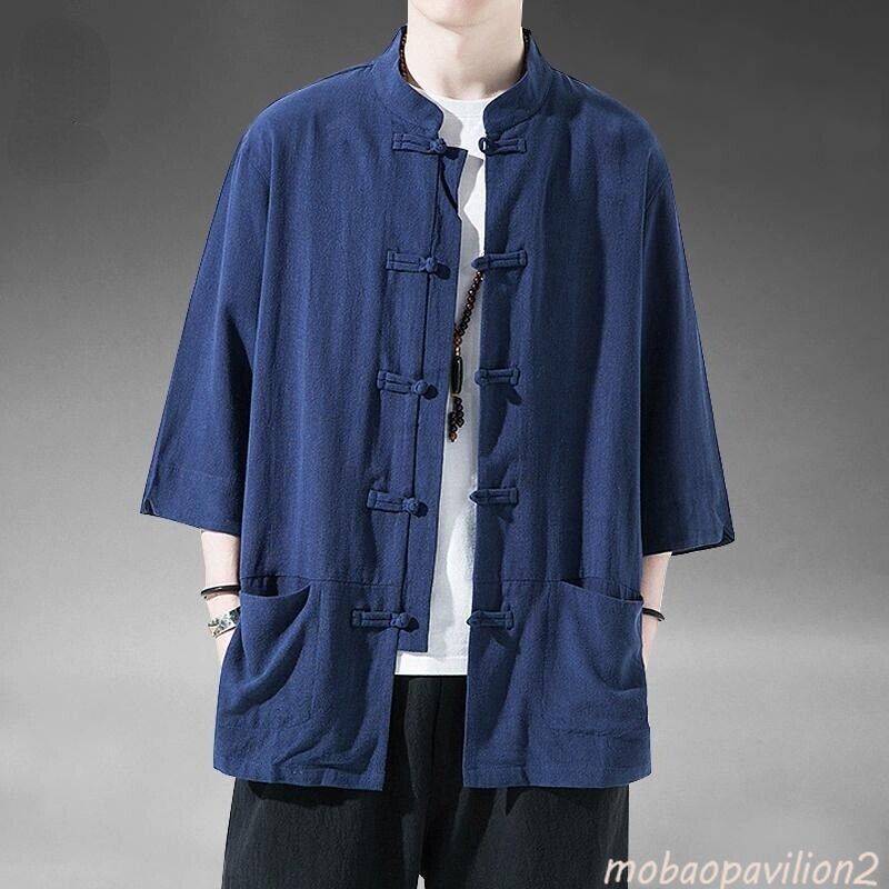 Chinese Tang Suit Men Retro Half Sleeve Shirt Kung Fu Tai Chi Jacket Hanfu Top