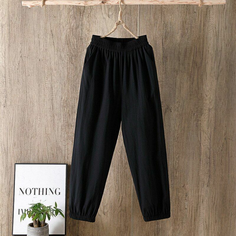 Pants Women Casual Cotton Linen Elastic Waist Solid Basic Retro Loose Trousers