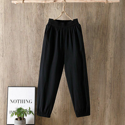 Pants Women Casual Cotton Linen Elastic Waist Solid Basic Retro Loose Trousers