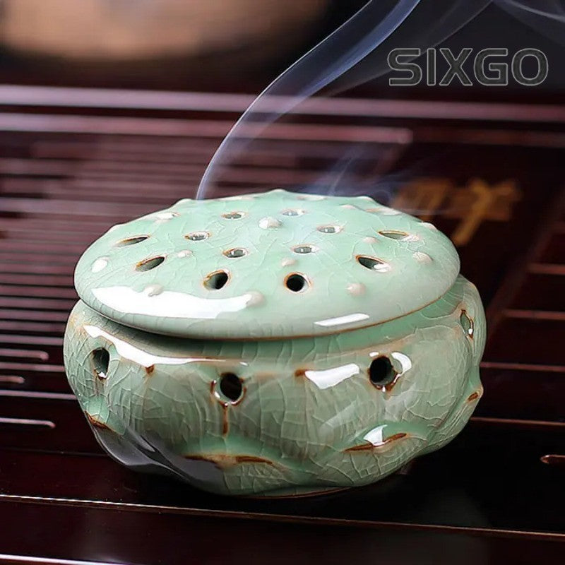 Longquan Celadon Ceramic Buddha Crafts Lotus Incense Burner Incense Coil Censer